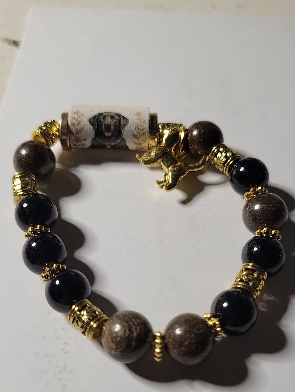 Gold Accent Black LAB BLACK Beaded Bracelet with Dog Charm